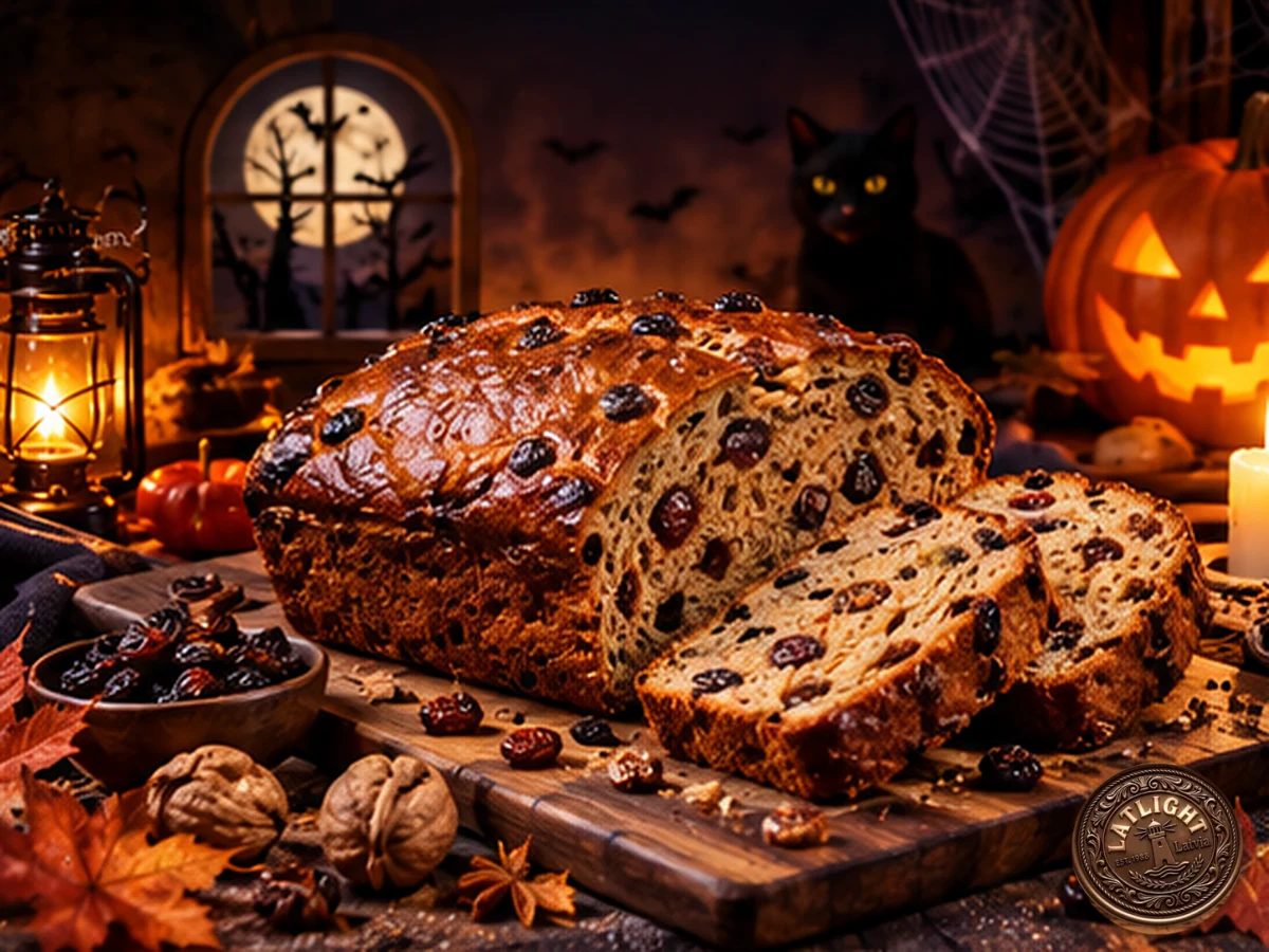 A sliced loaf of barmbrack