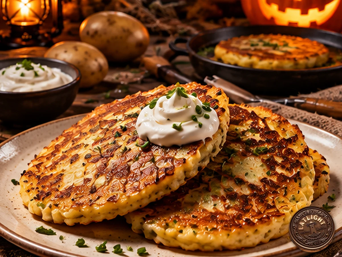 A stack of golden boxty potato pancakes