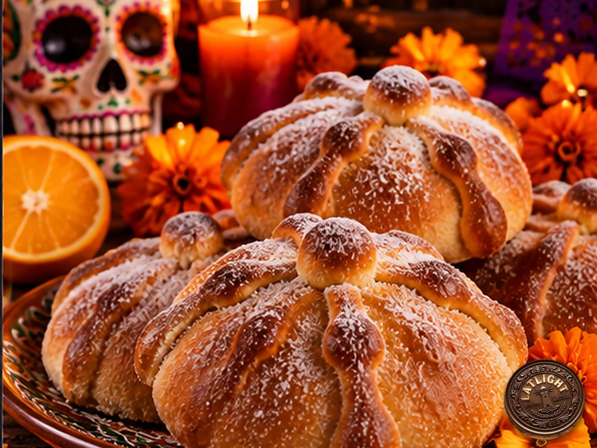 A round sugar-coated pan de muerto with dough bones