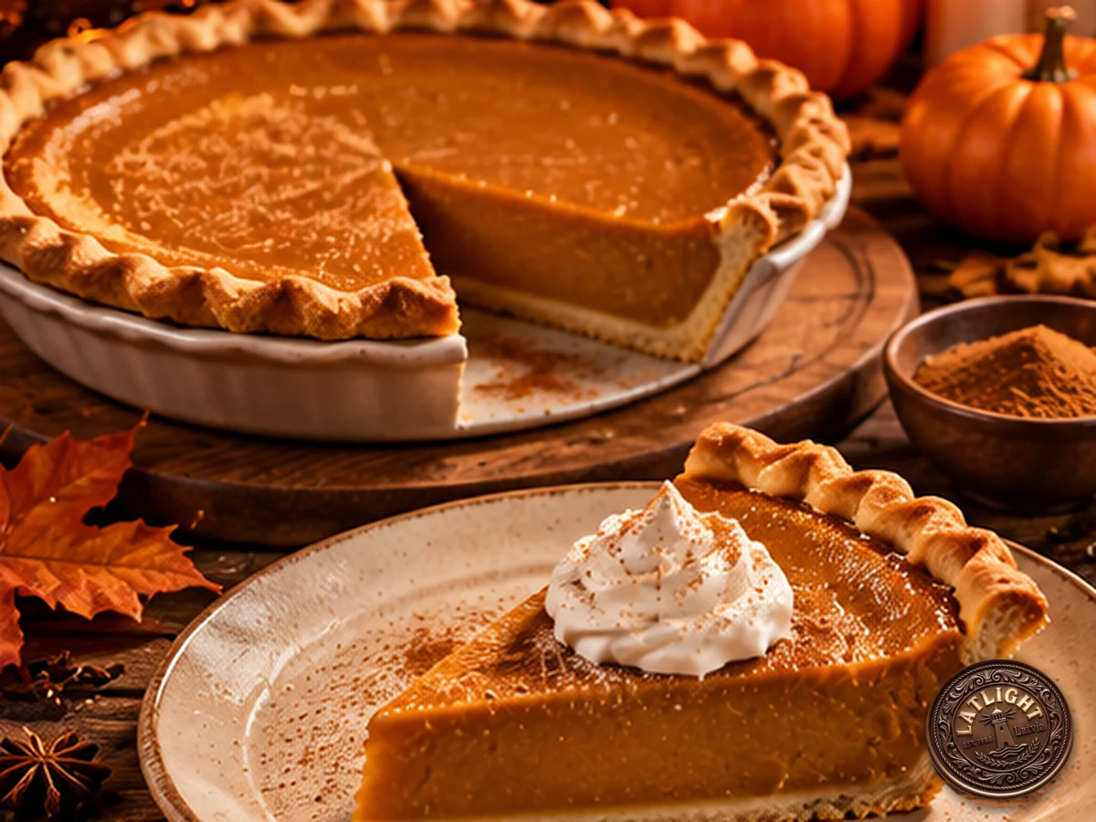 A spiced pumpkin pie with whipped cream