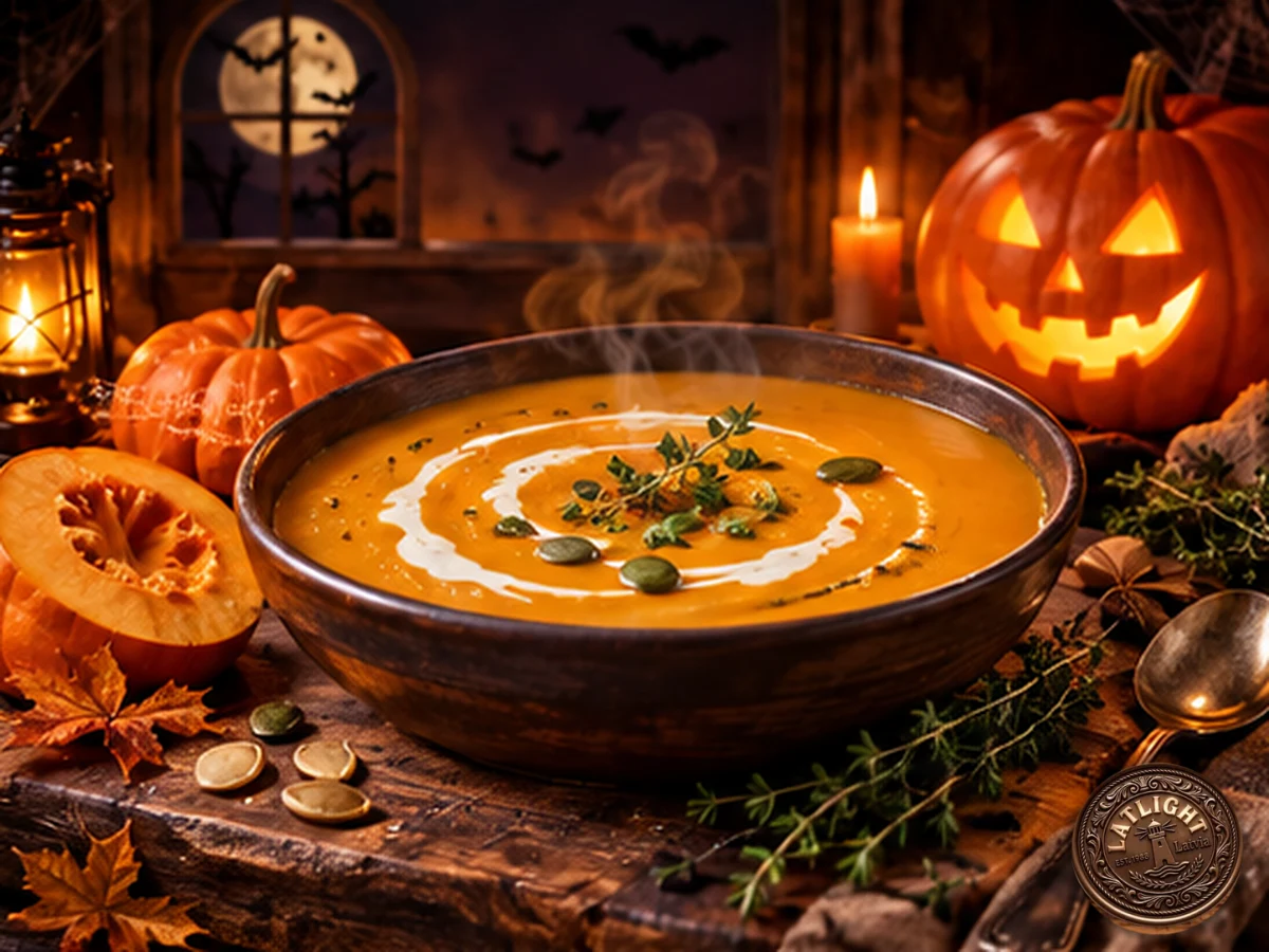 A bowl of orange pumpkin soup topped with roasted seeds