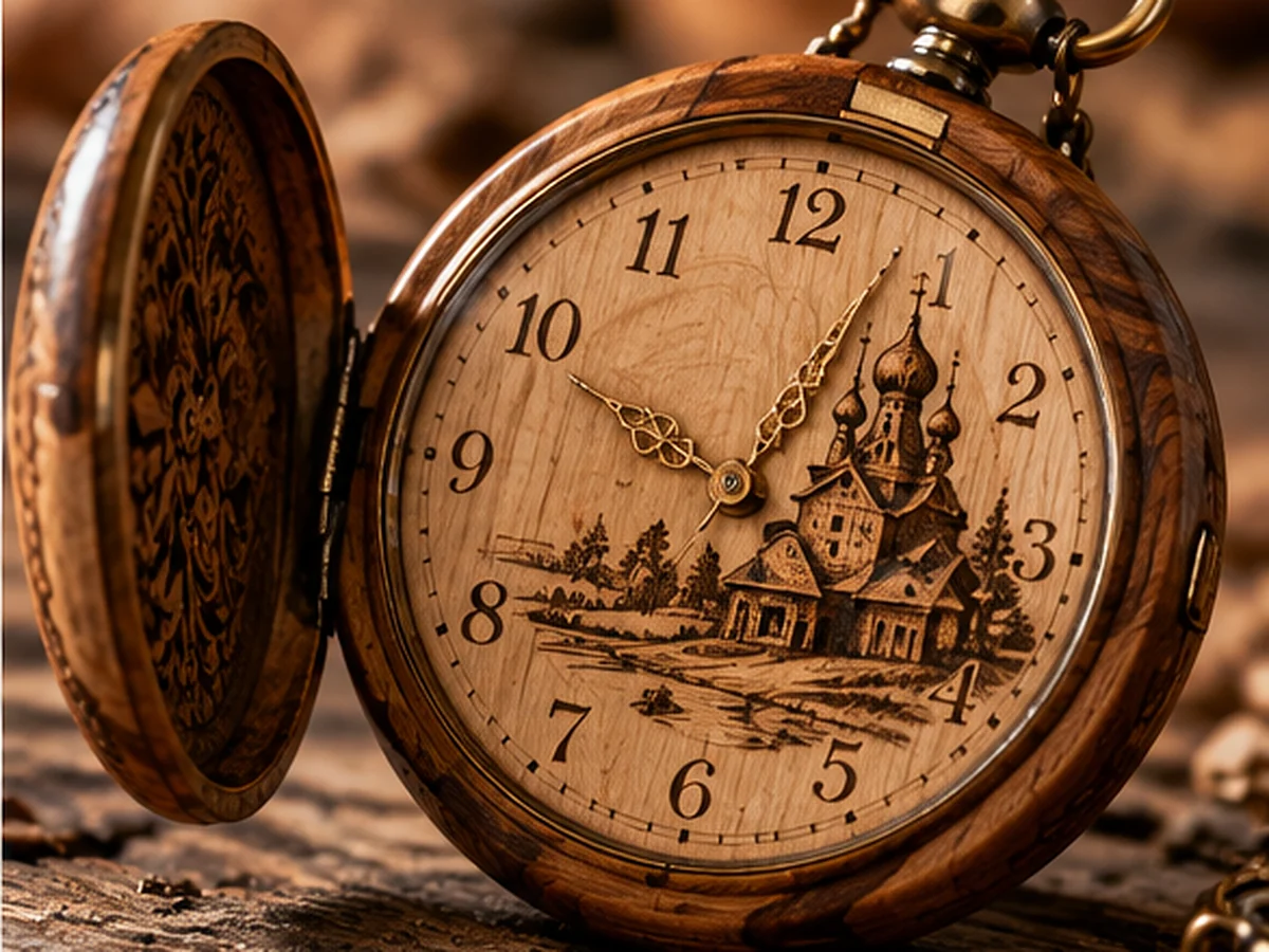 A pocket watch made almost entirely of wood, with a wooden case, a wooden dial and even wooden gear wheels