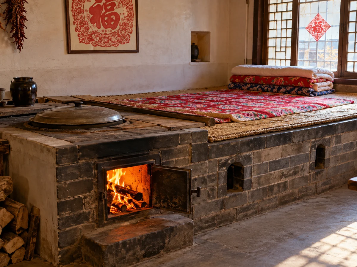 A traditional Chinese kang: a raised brick sleeping platform covered in red blankets, with a small fire burning in an opening at its side