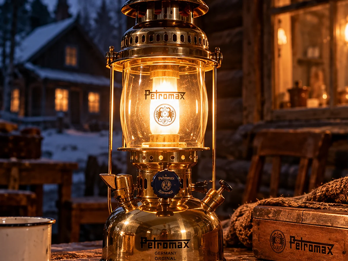 An old Petromax pressure lamp with a glass chimney and a glowing white mantle