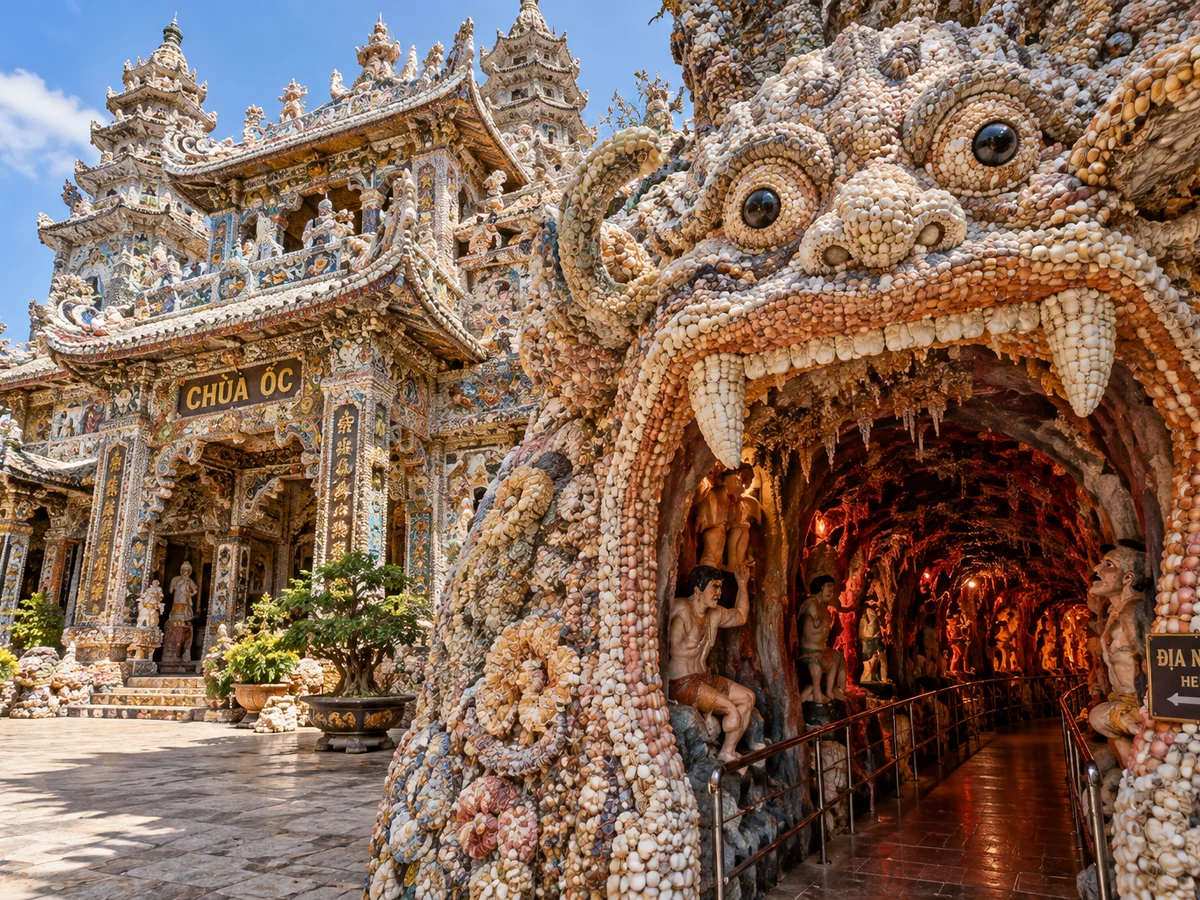 A tall stupa covered entirely in dark coral and seashells, with Buddha statues in its niches
