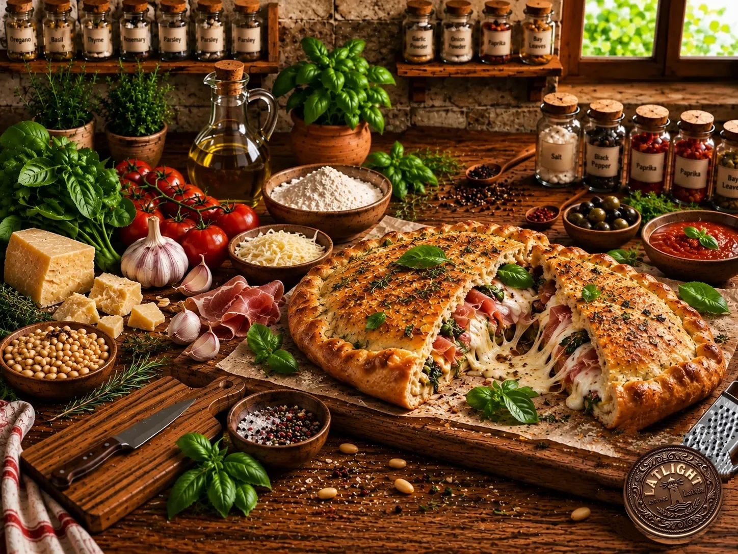 Golden Neapolitan calzone folded into a half-moon, cut open to show melted mozzarella, ham and basil