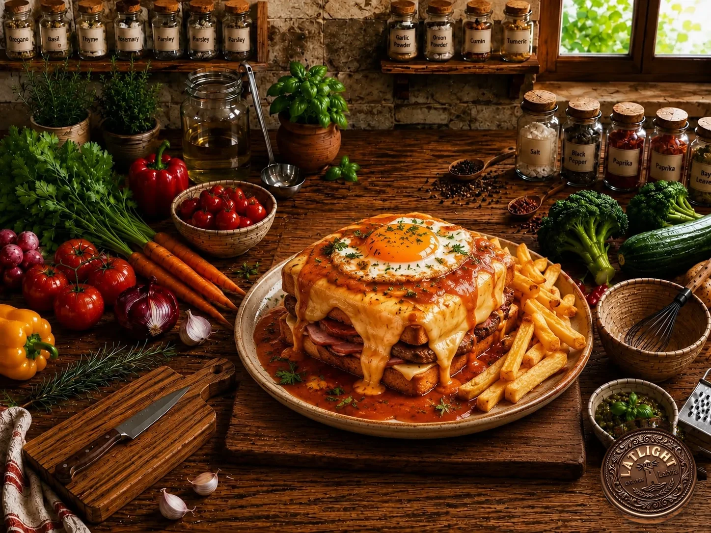 Francesinha, a Portuguese sandwich of bread, ham, sausage and steak, covered in melted cheese, a fried egg and tomato-beer sauce