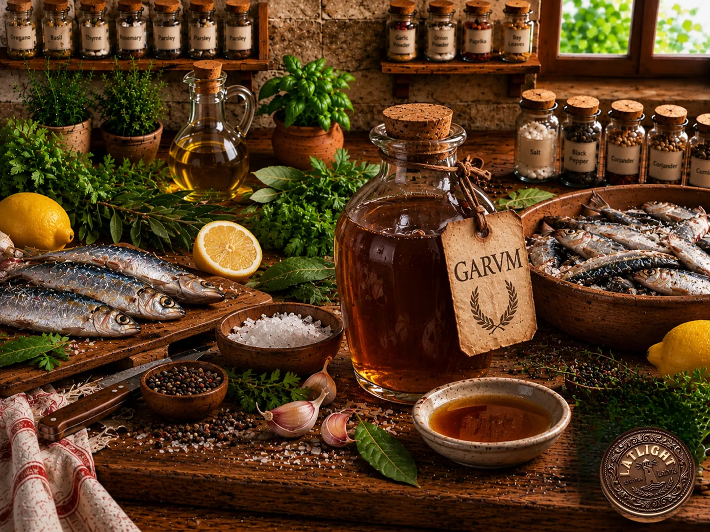A corked bottle of homemade garum, the amber Roman fish sauce, with fresh sardines, sea salt, bay leaves, herbs and lemons on a rustic table