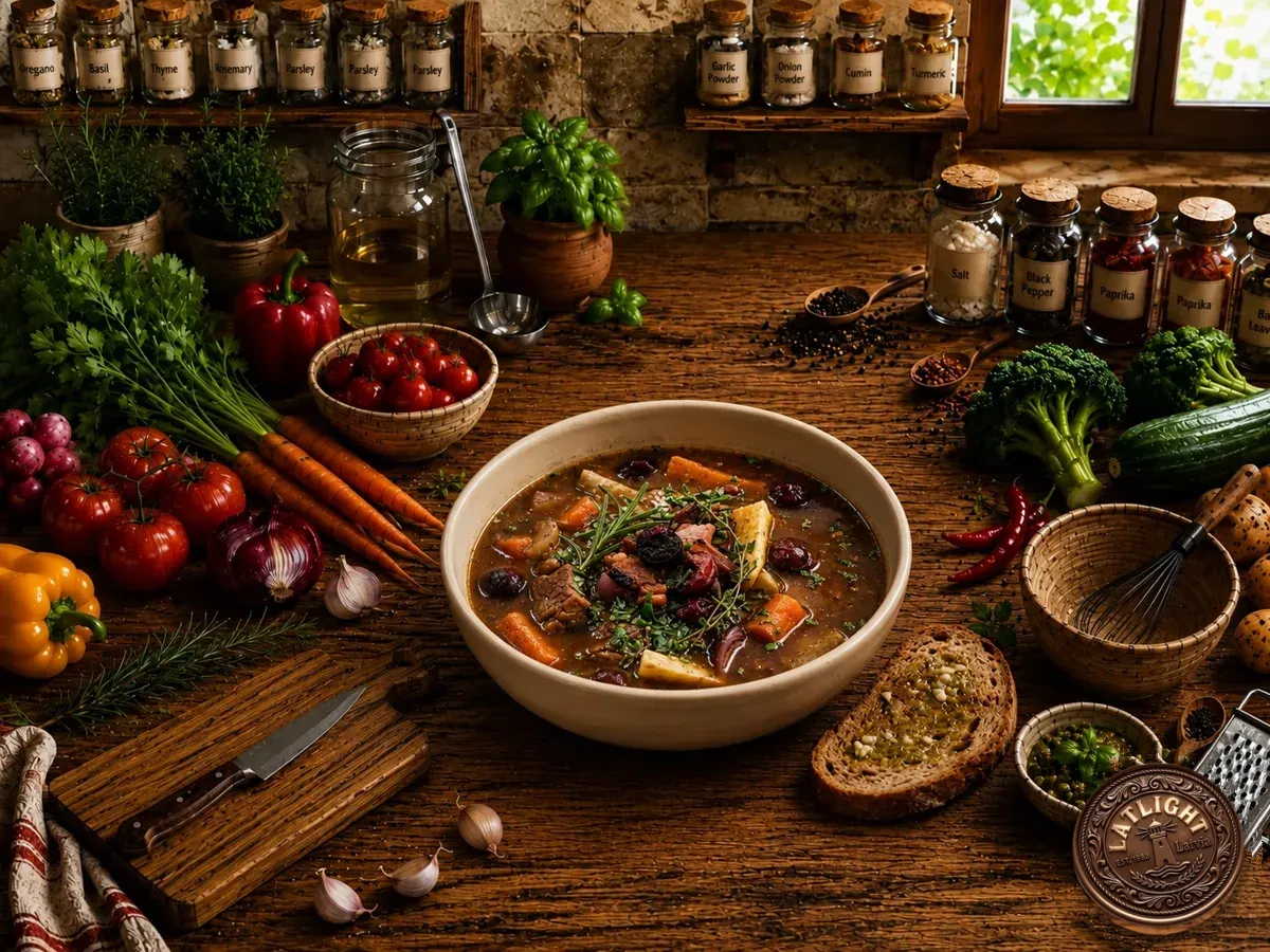 Beef, cherry and vegetable soup in a cream bowl with rye garlic toast on a rustic kitchen table