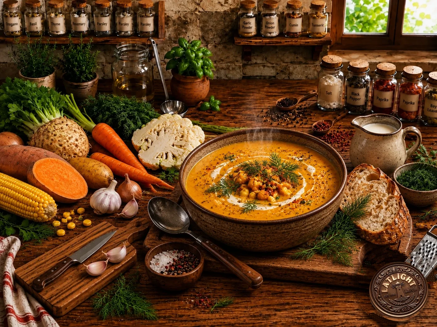 Linda's roasted autumn vegetable soup, a creamy orange soup with dill, surrounded by roasted vegetables, spices and rustic bread