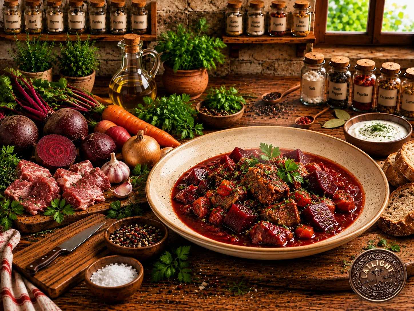 Tuh'u: Babylonian lamb and beetroot stew in a deep red broth with fresh herbs, served in a cream ceramic bowl with bread