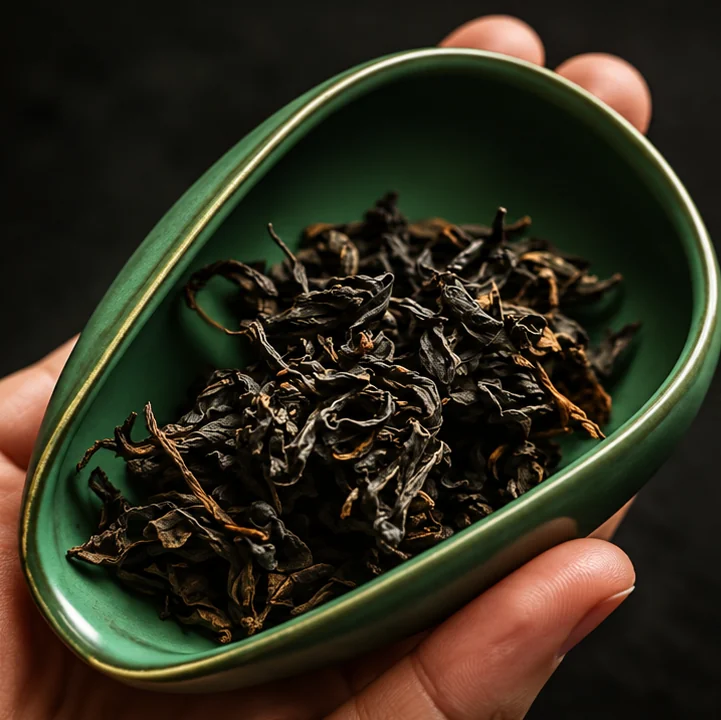 Dark, twisted Feng Huang Dan Cong oolong leaves in a green ceramic tea scoop held in an open hand