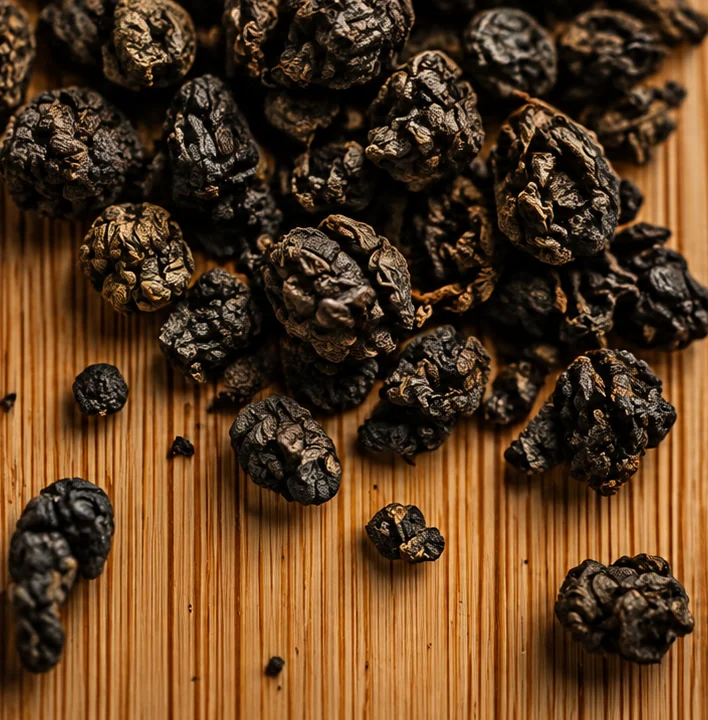 Dark rolled GABA oolong pearls scattered on a bamboo board